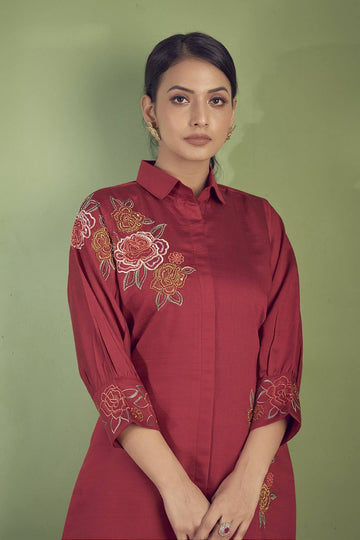 Varanga Women  Orange Embroidered  Shirt  Collar  Placement Design Short Kurta, Paired With   Embroidered  Scallop   Bottom